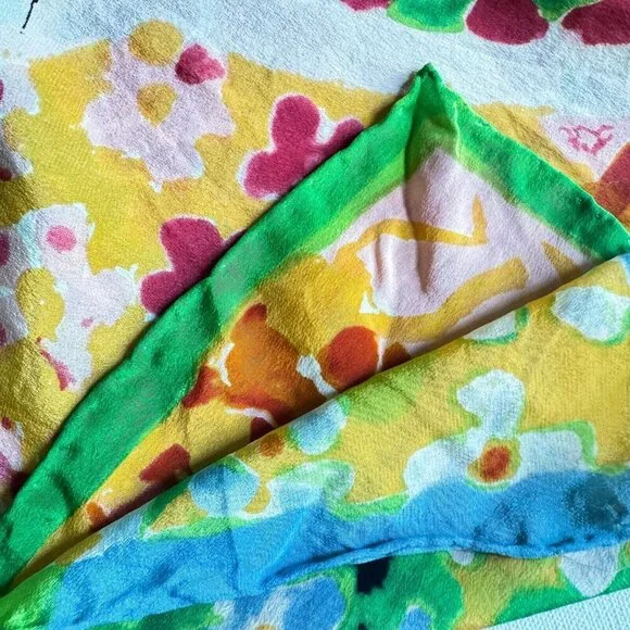 Colorful Floral & Cat Print Silk Scarf - Multicolor - Picture 6 of 6
